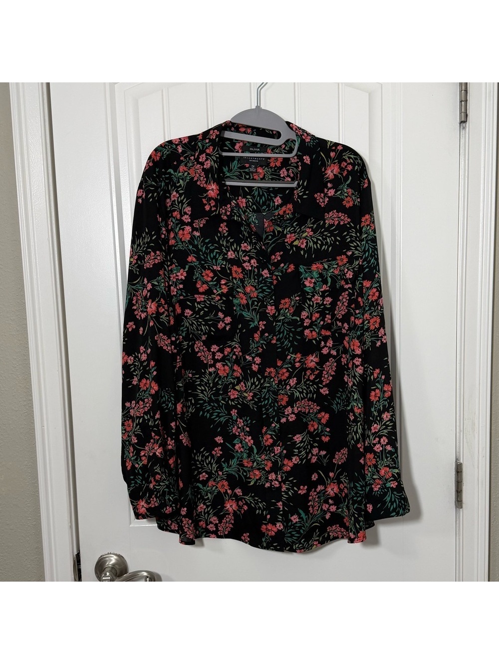 Investments Black Floral Button-Up Blouse with Pink and Green Print 2X